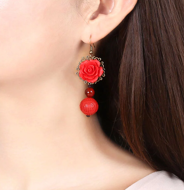 家佳樂(lè)文學(xué)紅色耳墜新娘配飾漆雕耳環(huán)
