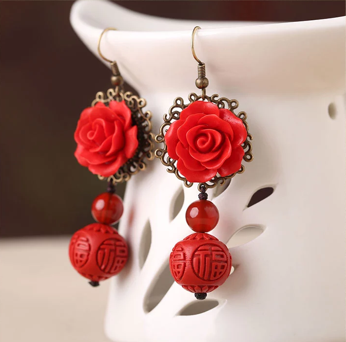 家佳樂(lè)文學(xué)紅色耳墜新娘配飾漆雕耳環(huán)