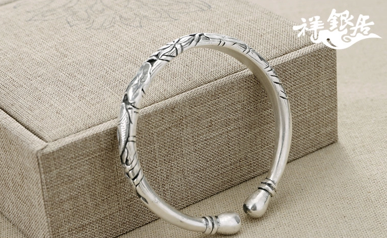 民族時(shí)尚復(fù)古風(fēng)水滴頭魚蓮荷花銀手鐲