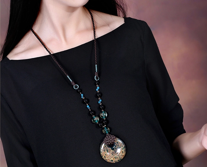 復古毛衣鏈古風琉璃吊墜項鏈