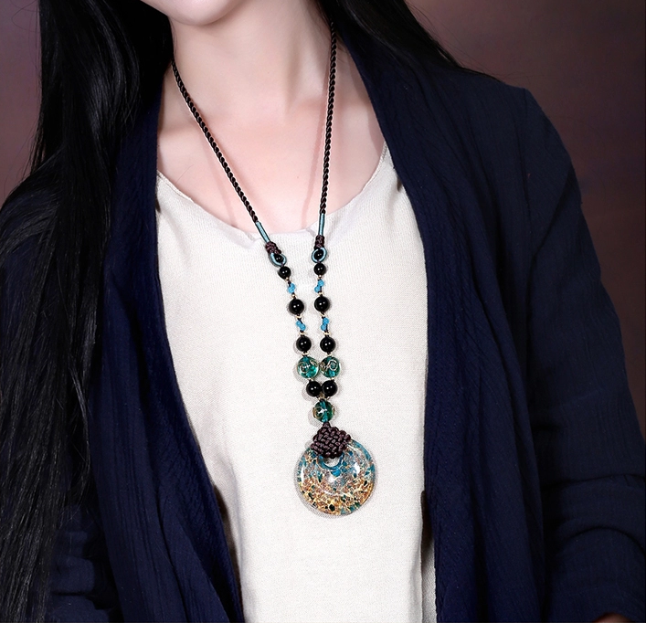 復古毛衣鏈古風琉璃吊墜項鏈