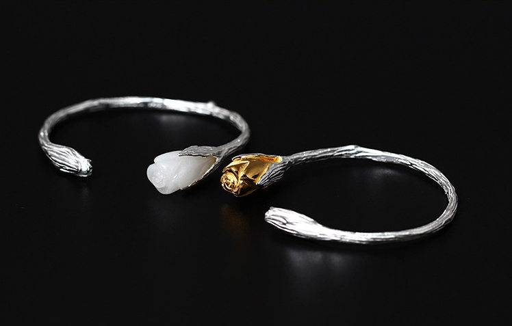 家佳樂文學(xué)復(fù)古風(fēng)白玉蘭花開口手鐲