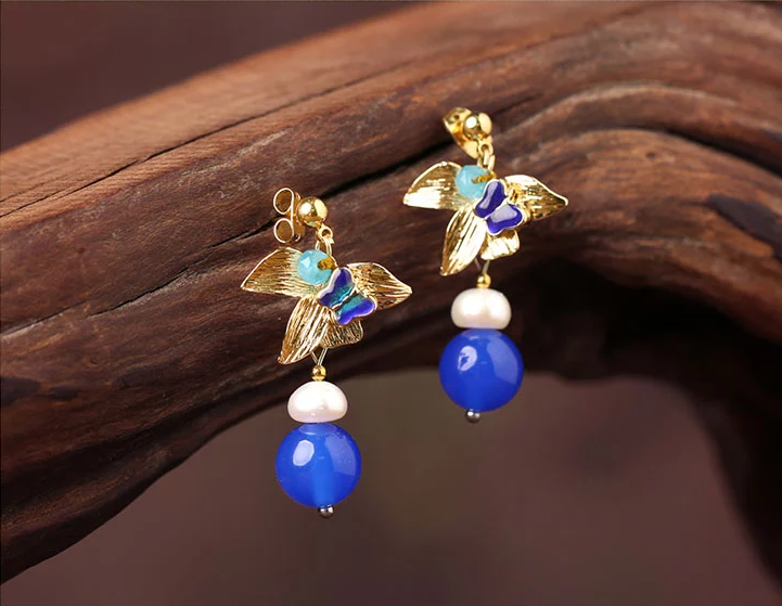 家佳樂文學藍瑪瑙耳墜超仙氣質(zhì)耳環(huán)