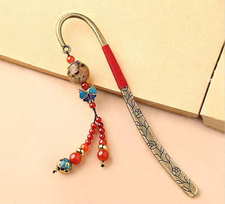 家佳樂文學古典復古金屬瑪瑙流蘇書簽