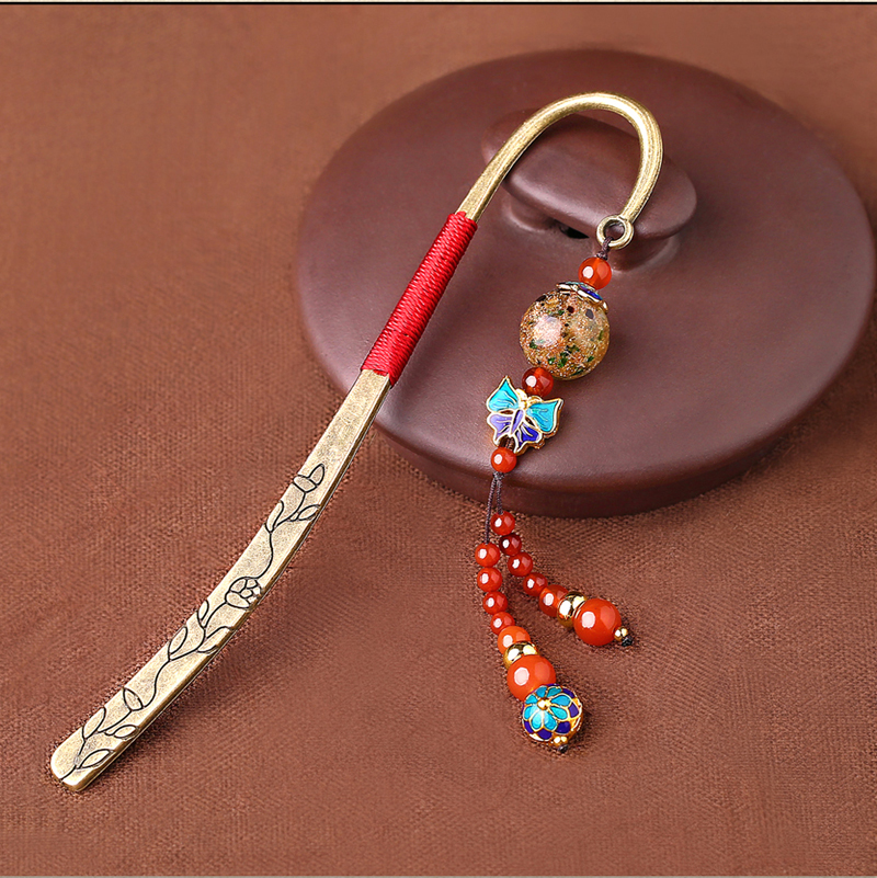 家佳樂文學古典復古金屬瑪瑙流蘇書簽