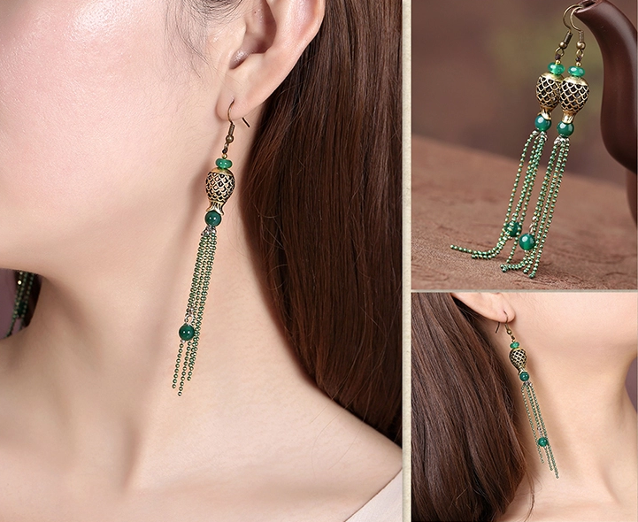 家佳樂文學(xué)人魚的眼淚首飾綠色流蘇耳環(huán)