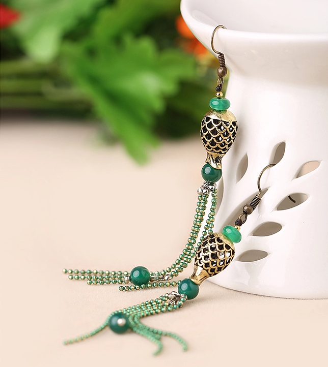 家佳樂文學(xué)人魚的眼淚首飾綠色流蘇耳環(huán)