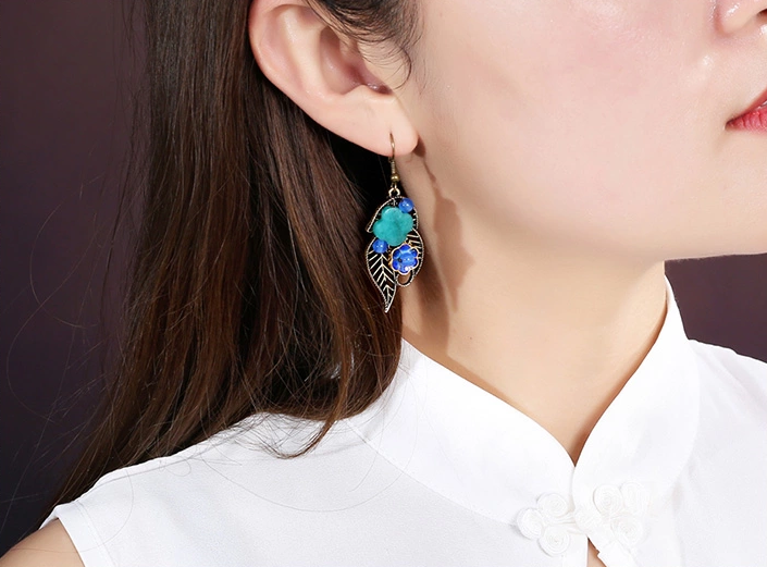 家佳樂文學金屬鏤空葉子首飾景泰藍耳墜清靈耳環(huán)