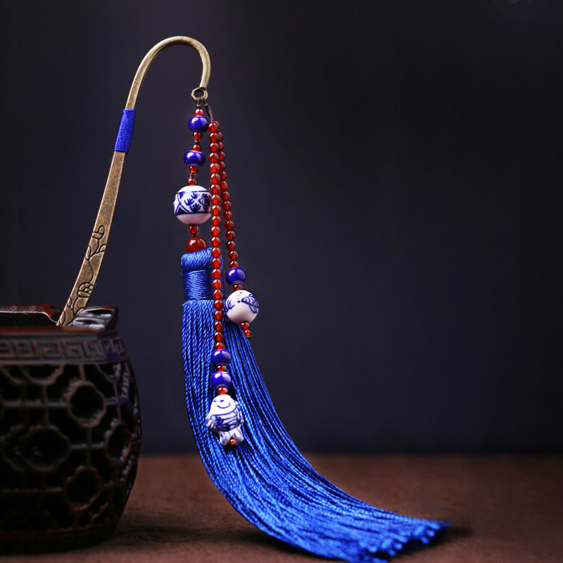 藍(lán)色家佳樂文學(xué)復(fù)古青花瓷古風(fēng)流蘇書簽