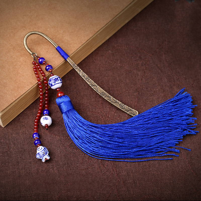 藍(lán)色家佳樂文學(xué)復(fù)古青花瓷古風(fēng)流蘇書簽