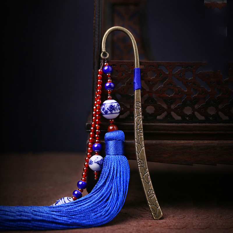 藍(lán)色家佳樂文學(xué)復(fù)古青花瓷古風(fēng)流蘇書簽