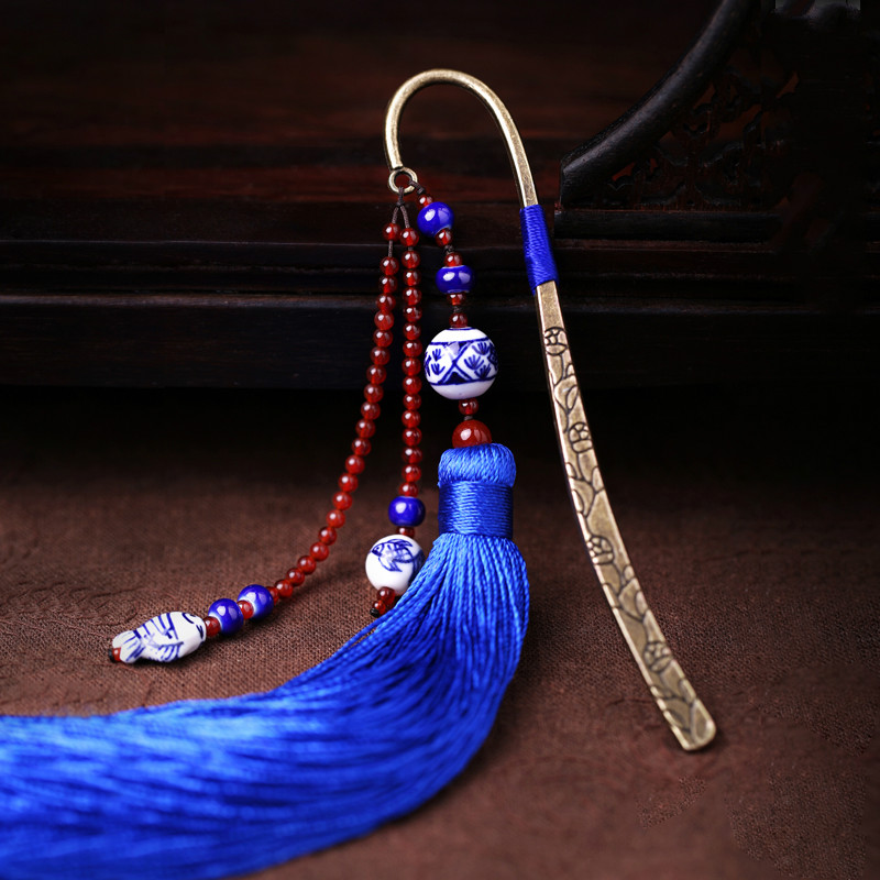 藍(lán)色家佳樂文學(xué)復(fù)古青花瓷古風(fēng)流蘇書簽