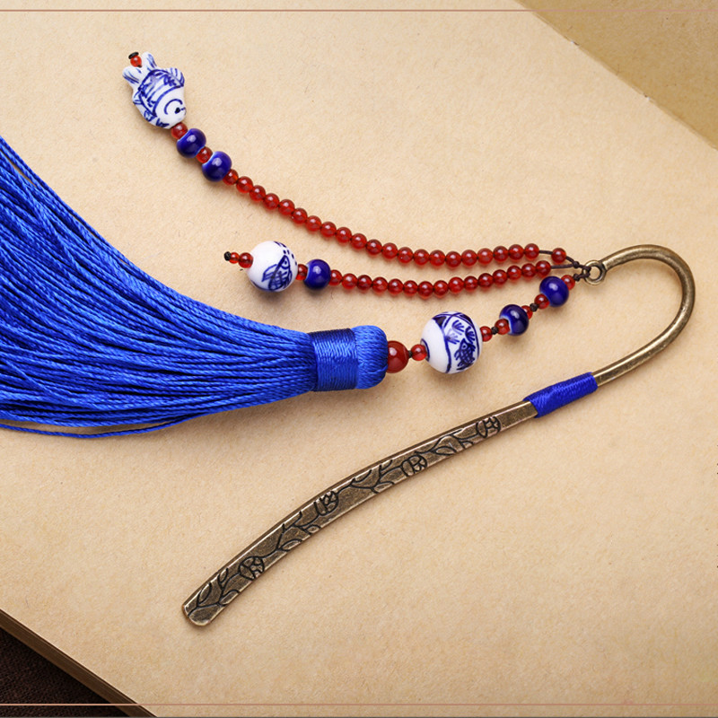 藍(lán)色家佳樂文學(xué)復(fù)古青花瓷古風(fēng)流蘇書簽
