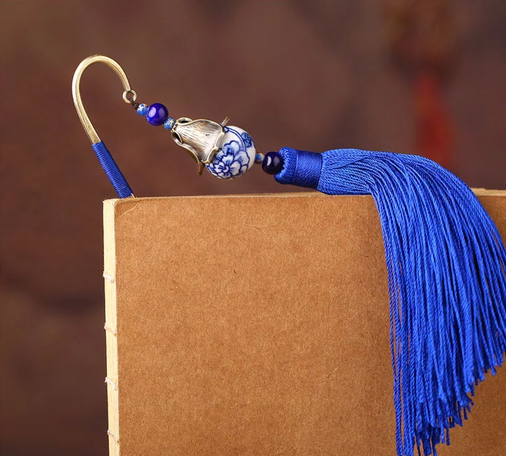 家佳樂文學(xué)手繪青花瓷古風(fēng)藍色流蘇書簽