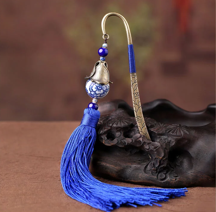 家佳樂文學(xué)手繪青花瓷古風(fēng)藍色流蘇書簽