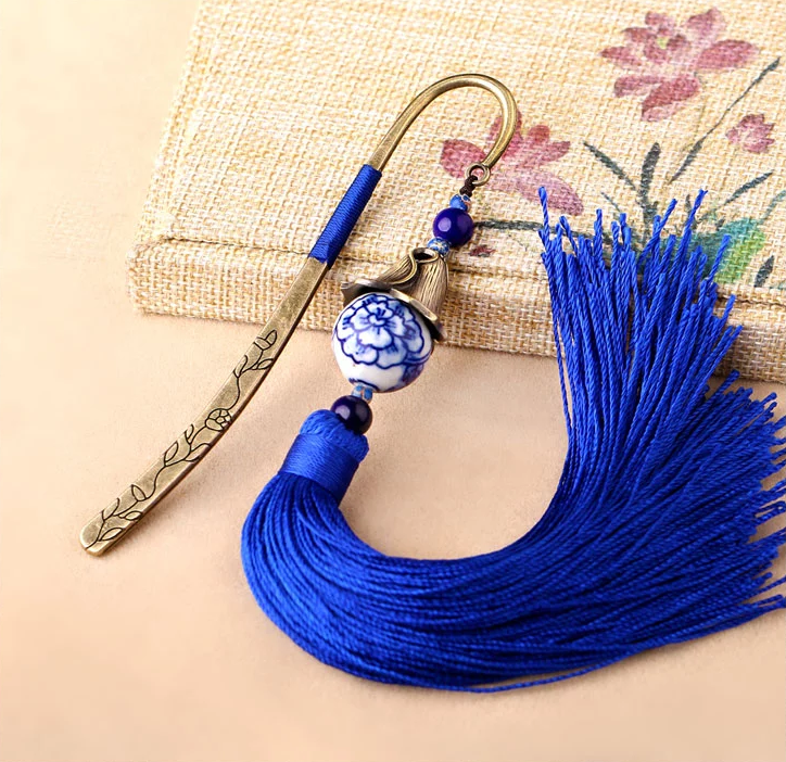 家佳樂文學(xué)手繪青花瓷古風(fēng)藍色流蘇書簽