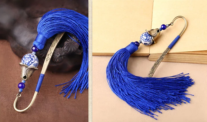 家佳樂文學(xué)手繪青花瓷古風(fēng)藍色流蘇書簽