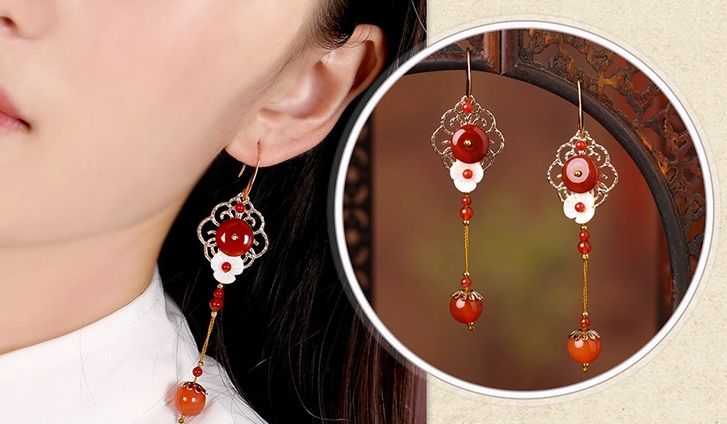 紅瑪瑙吊墜首飾貝殼花氣質耳環(huán)