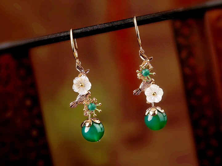 家佳樂(lè)文學(xué)金屬小鳥(niǎo)吊墜復(fù)古綠瑪瑙貝殼花耳環(huán)