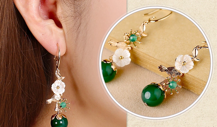 家佳樂(lè)文學(xué)金屬小鳥(niǎo)吊墜復(fù)古綠瑪瑙貝殼花耳環(huán)