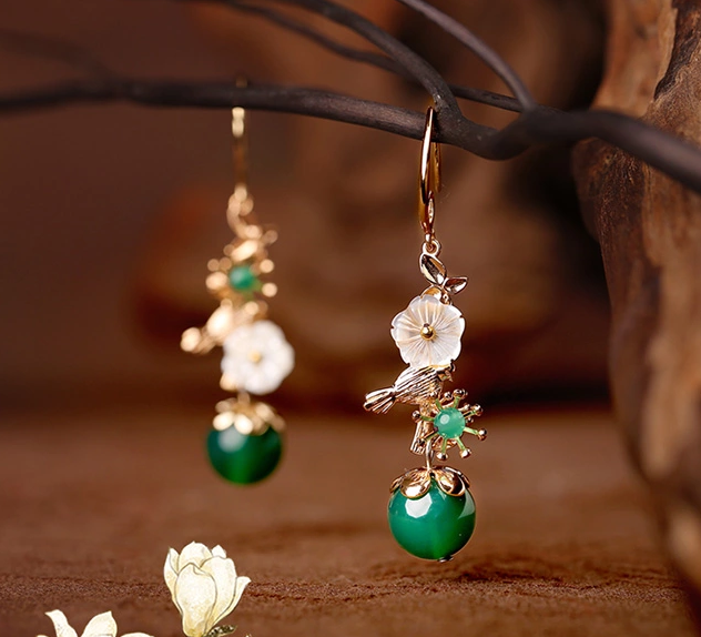 家佳樂(lè)文學(xué)金屬小鳥(niǎo)吊墜復(fù)古綠瑪瑙貝殼花耳環(huán)