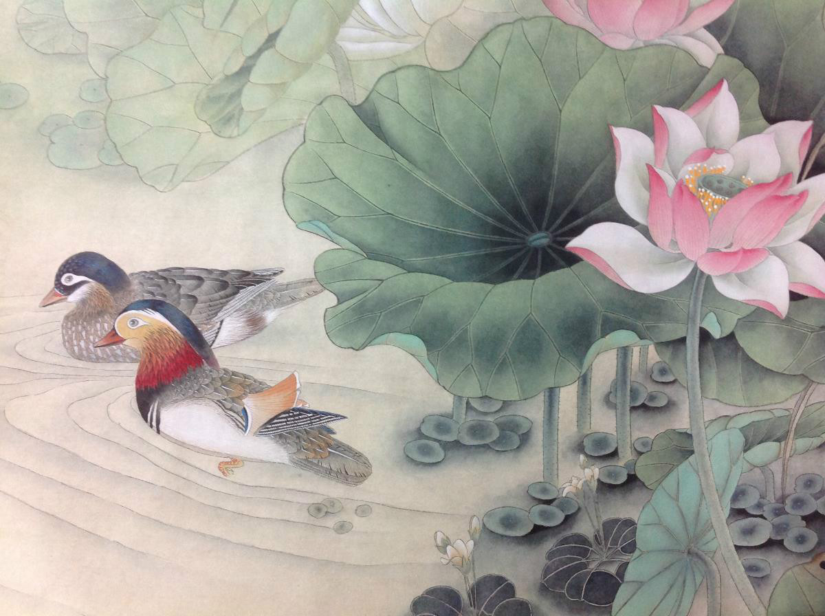 國(guó)畫荷花，鴛鴦戲水