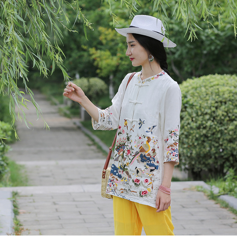 家佳樂文學亞麻刺繡復古唐裝圖片