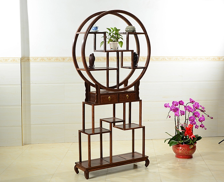 中式古典雞翅木博古架，實(shí)木圓形博古架
