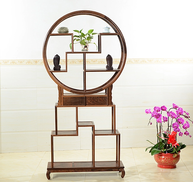 中式古典雞翅木博古架，實(shí)木圓形博古架