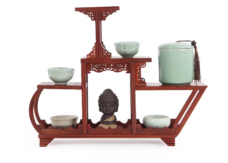 四款紅木紫砂壺架子，血檀博古架造型