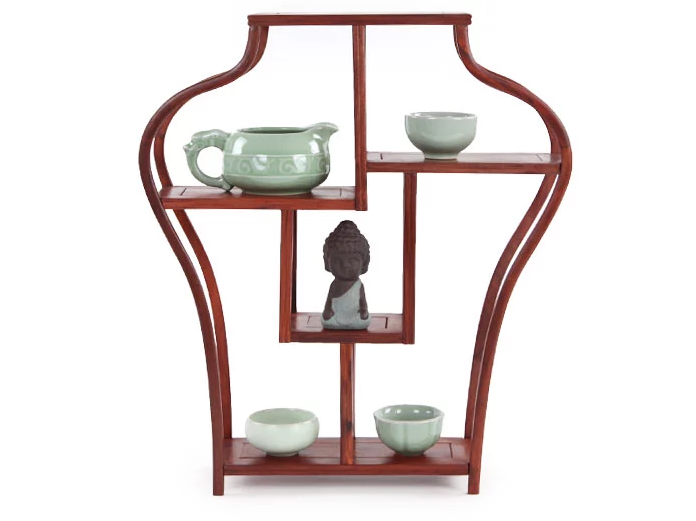四款紅木紫砂壺架子，血檀博古架造型
