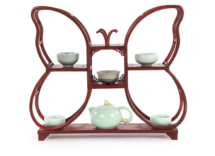 四款紅木紫砂壺架子，血檀博古架造型