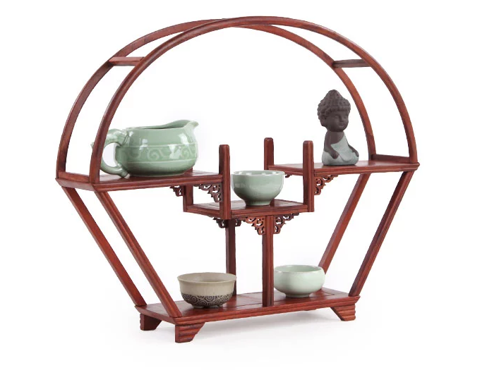 四款紅木紫砂壺架子，血檀博古架造型