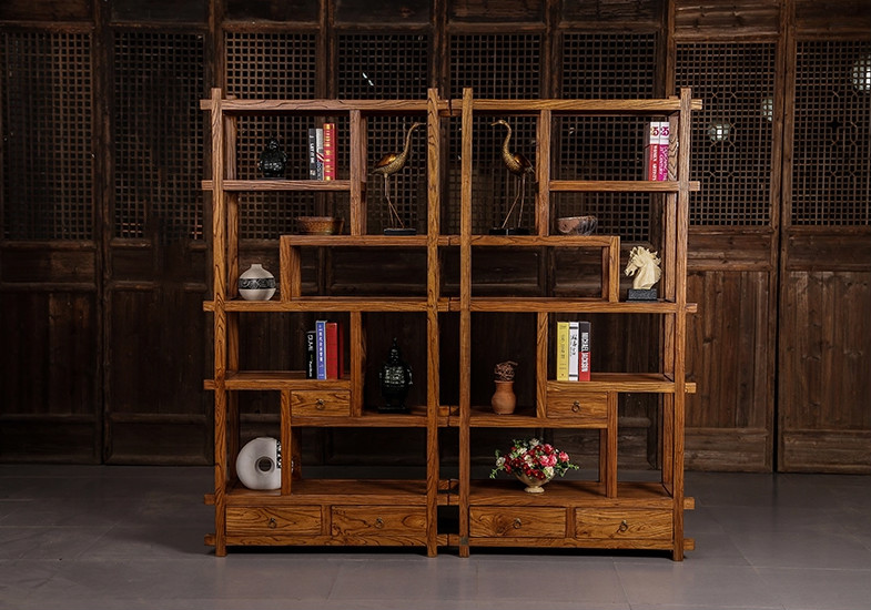 中式博古架隔斷，新中式簡約榆木博古架
