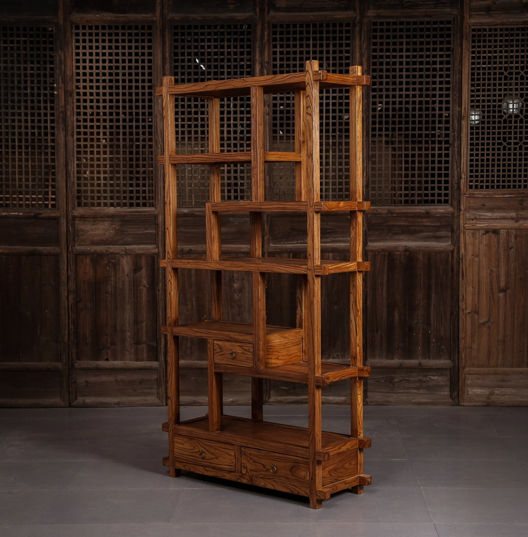 中式博古架隔斷，新中式簡約榆木博古架