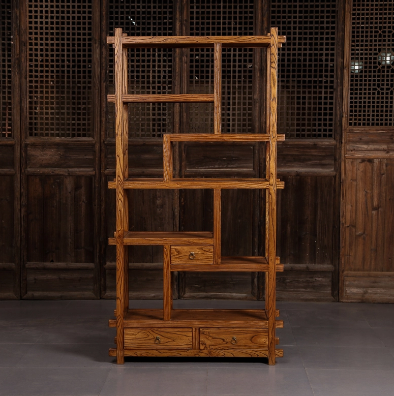 中式博古架隔斷，新中式簡約榆木博古架