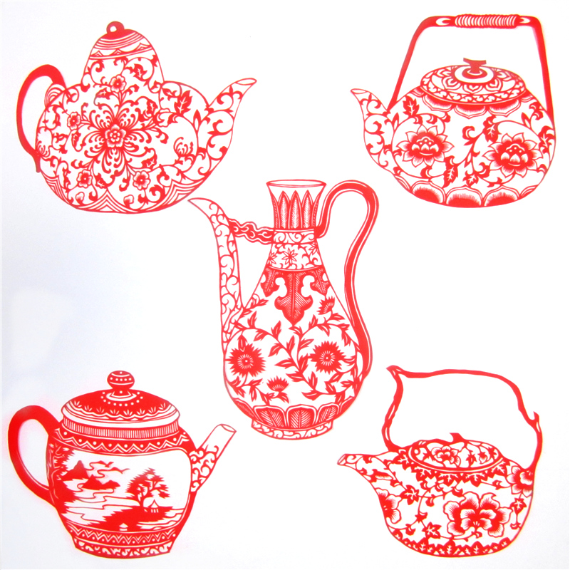 11款精美手工紅花瓷剪紙，茶壺剪紙工藝品