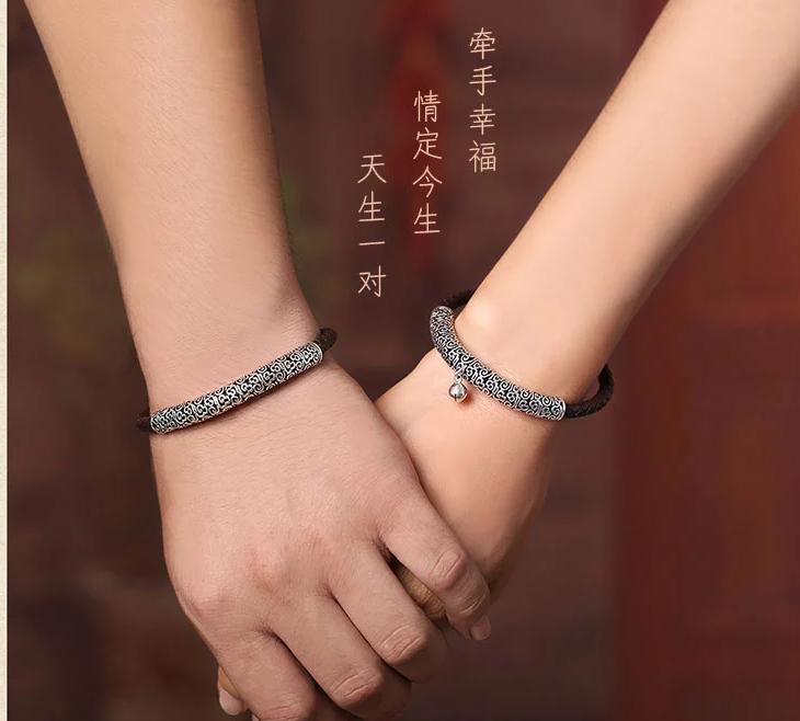 家佳樂文學(xué)古風(fēng)牛皮情侶手環(huán)手鏈簡約銀首飾