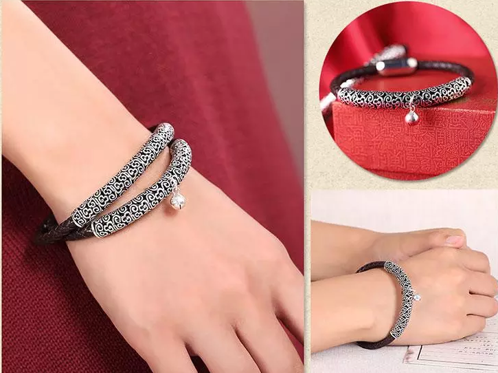 家佳樂文學(xué)古風(fēng)牛皮情侶手環(huán)手鏈簡約銀首飾