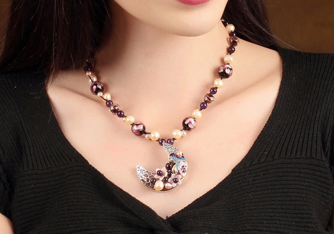 珍珠紫水晶項(xiàng)鏈，月牙吊墜鎖骨鏈家佳樂文學(xué)首飾
