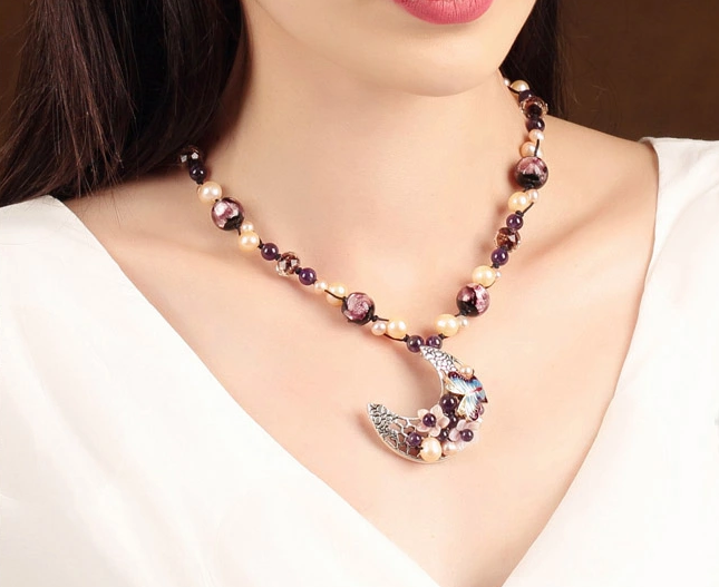 珍珠紫水晶項(xiàng)鏈，月牙吊墜鎖骨鏈家佳樂文學(xué)首飾