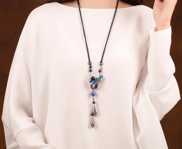 古典家佳樂文學(xué)毛衣鏈，復(fù)古風(fēng)景泰藍(lán)琉璃吊墜項(xiàng)鏈