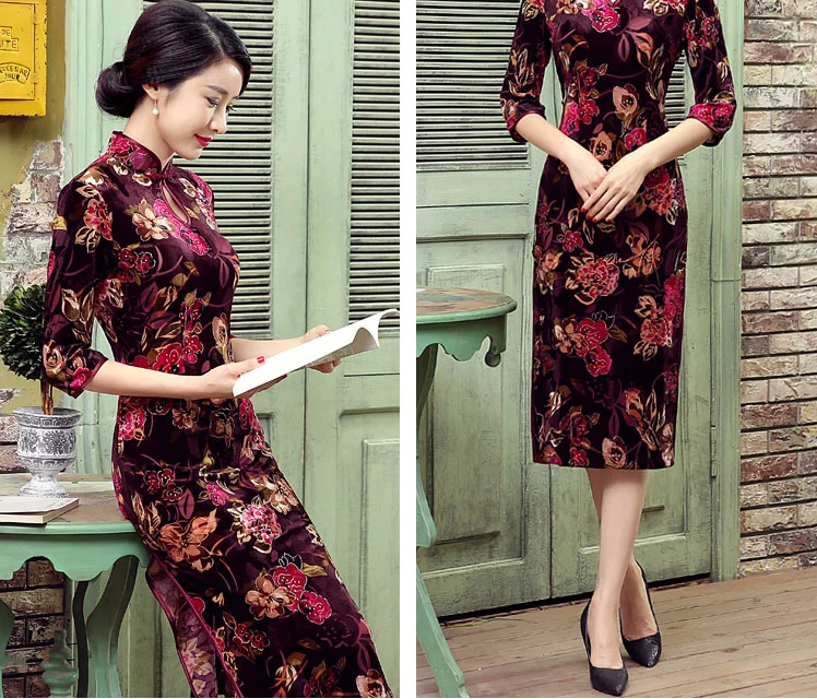 絲絨長(zhǎng)款旗袍，改良中式旗袍