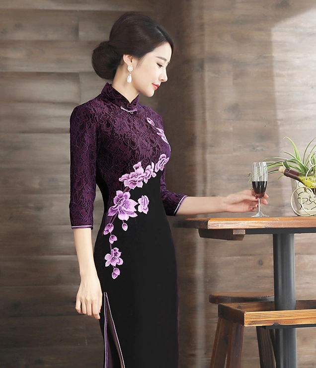 繡花蕾絲金絲絨長(zhǎng)款旗袍，中袖優(yōu)雅旗袍