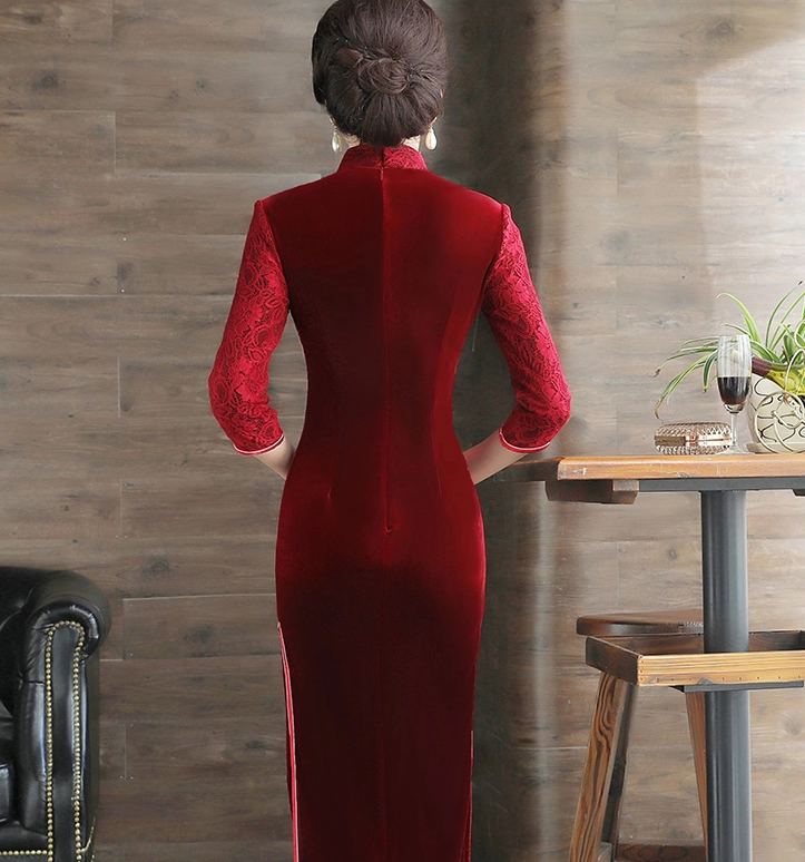 繡花蕾絲金絲絨長(zhǎng)款旗袍，中袖優(yōu)雅旗袍