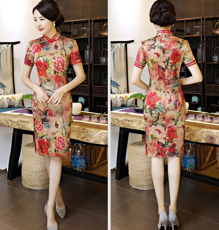 復(fù)古改良長款旗袍，真絲優(yōu)雅旗袍