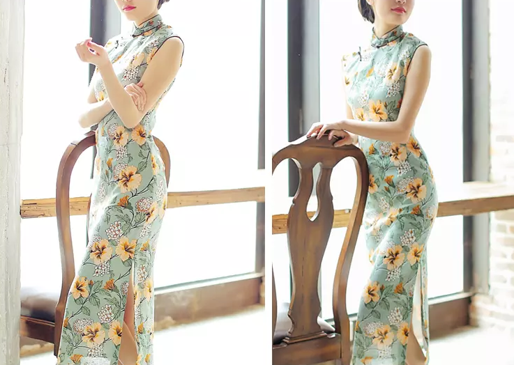 時(shí)尚棉麻長(zhǎng)款旗袍，復(fù)古印花旗袍