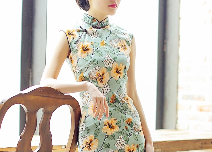 時(shí)尚棉麻長(zhǎng)款旗袍，復(fù)古印花旗袍