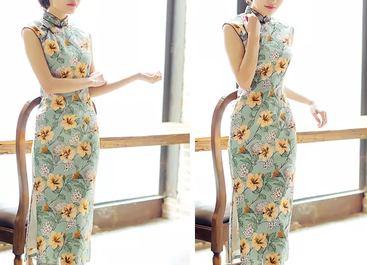 時(shí)尚棉麻長(zhǎng)款旗袍，復(fù)古印花旗袍