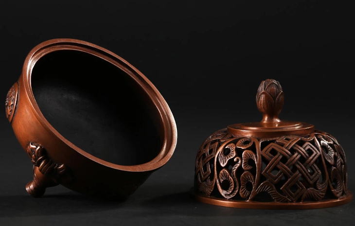 吉祥蓮花三足香爐，仿古紫銅熏香爐